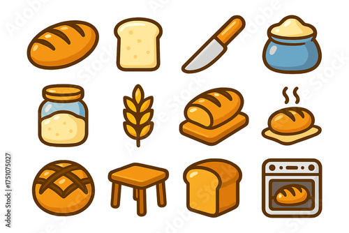 Colorful bakery icons: variety of baked goods and baking tools