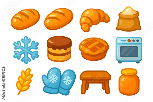 Cartoon bakery icons: bread, croissant, oven, and baking essentials