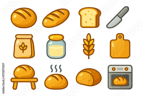 Colorful set of baking icons featuring bread, wheat, and baking tools