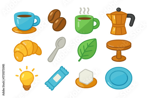 Colorful coffee and breakfast icon set with kitchen elements and food items
