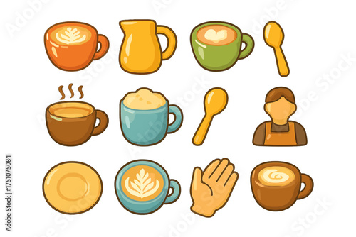 Colorful coffee icons: cups, barista, and accessories for café design
