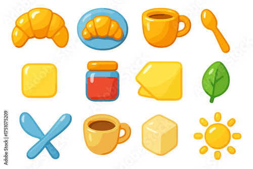 Colorful breakfast icons featuring croissants, coffee, and jam