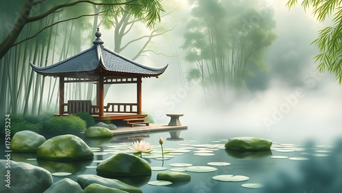 Tranquil Zen Pavilion Beside a Misty Lotus Pond in a Serene Bamboo Forest Setting