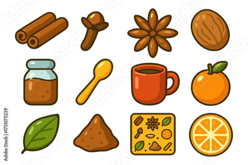 Cozy autumn spice icons: cinnamon, clove, star anise, nutmeg, honey, tea, and citrus
