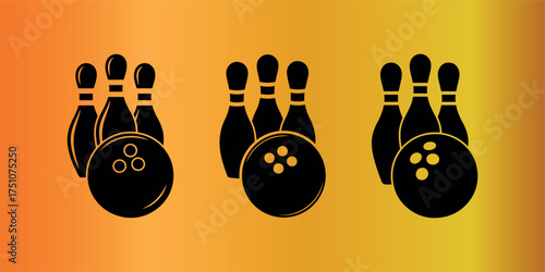 Bowling Pins and Ball Icon Set for Sports and Recreation in Bold Silhouette Style