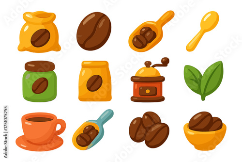 Colorful coffee icons set: beans, cups, and grinder in flat style
