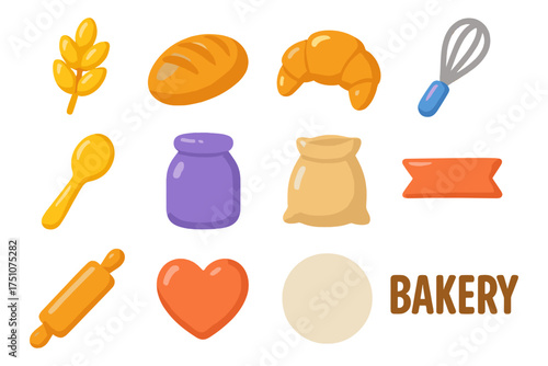 Colorful cartoon bakery icons featuring bread, croissant, and kitchen tools