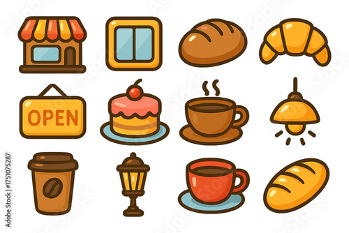 Colorful cafe icons set featuring bakery and coffee elements