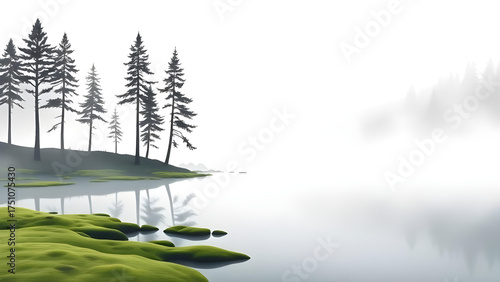 Minimalist Foggy Forest Lake with Pine Trees and Green Mossy Shoreline Reflections