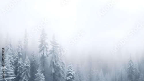 Snow-Covered Pine Forest in Dense Fog during Winter Morning