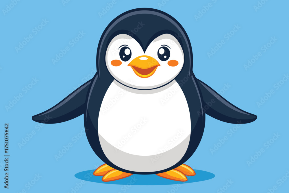 Fototapeta premium Cute cartoon penguin with orange beak and feet on white background