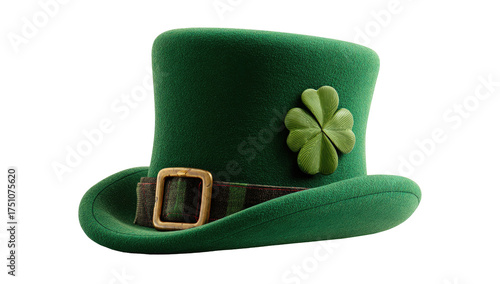 Emerald green top hat with a shamrock and buckle detail, floating against a black background