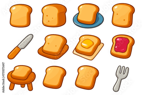 Cartoon bread icon set featuring various toasts and cutlery in a playful style