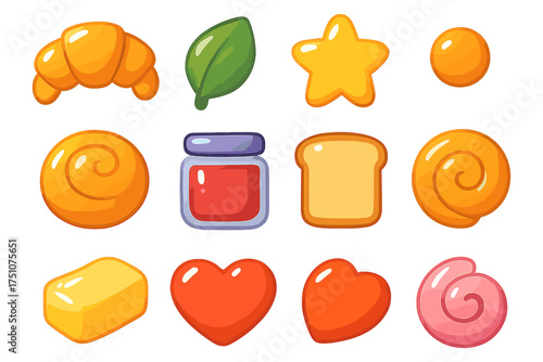 Colorful cartoon breakfast elements set with croissant, bread, jam, and hearts