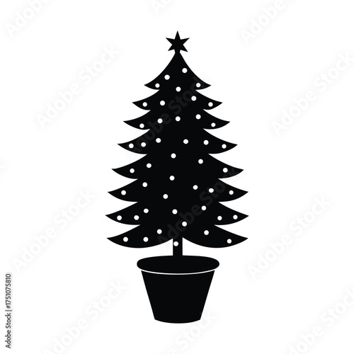 Christmas tree in pot with golden lights vector illustration