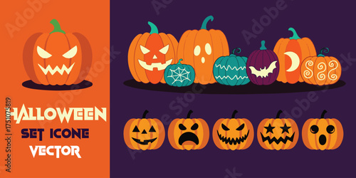 Happy and spooky halloween jack-o-lantern collection featuring carved pumpkins for festive celebrations and decorations