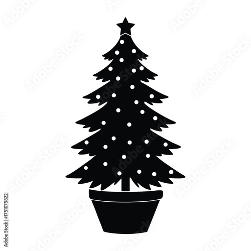 Christmas tree in pot with golden lights vector illustration