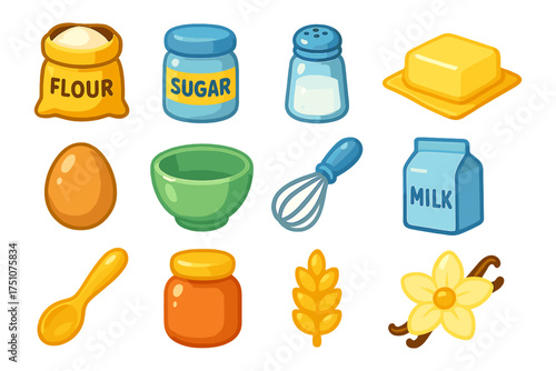 Cartoon baking ingredients icons: flour, sugar, butter, eggs, milk, and more