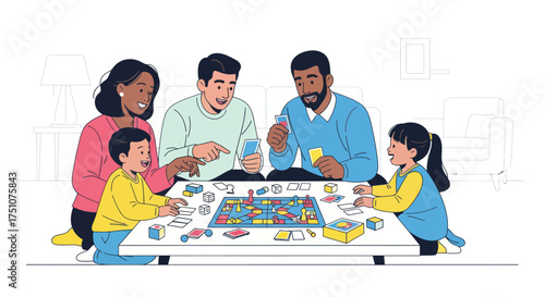 Diverse family enjoying a board game together at a table.