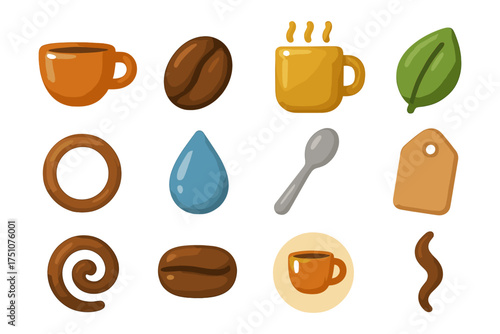Coffee and tea clipart collection with cups and beans in flat style