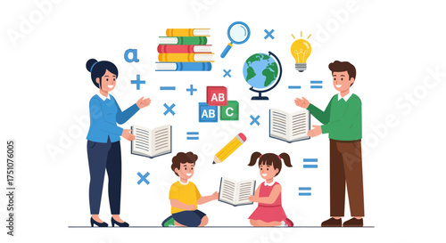 Educational Scene with Teachers Children Books and Learning Symbols.
