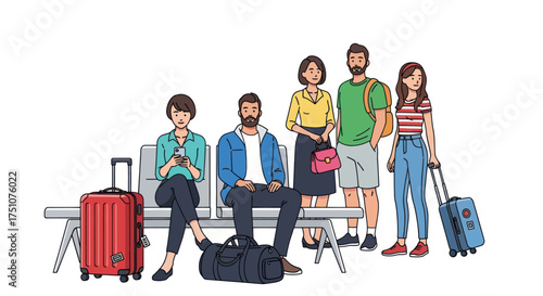 Diverse group of people waiting with luggage at an airport or train station.