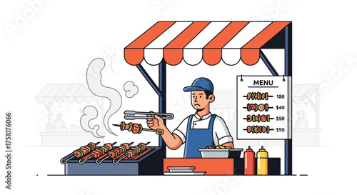 Street food vendor grilling meat skewers at a market stall with a red and white striped awning.