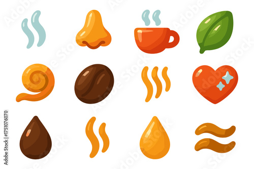 Sensory icons collection featuring smell, taste, and texture in colorful flat design