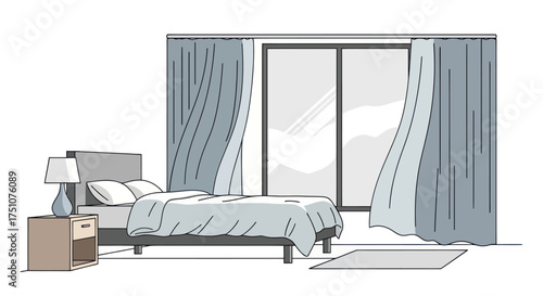 Cozy Bedroom Interior with Bed Nightstand Lamp and Flowing Curtains by Window.