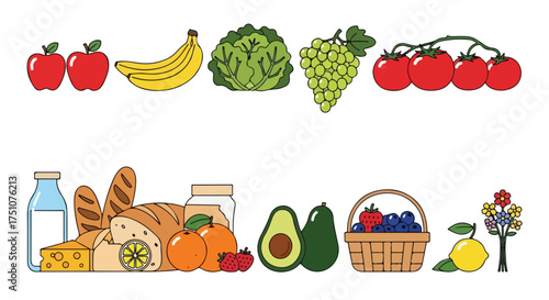 Colorful cartoon illustration of fresh food items suitable for health and nutrition content focusing on balance and well-being for a healthy diet