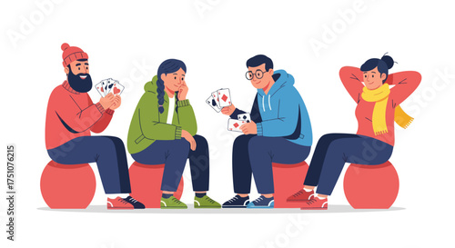Four diverse friends playing card and dice games on red exercise balls enjoying leisure time.