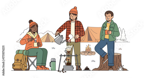 A diverse group of three friends enjoying hot coffee while camping together in a snowy winter landscape.