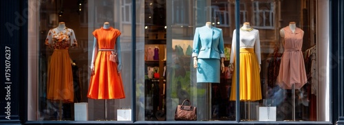 Vibrant Apparel Display: A fashion store window, presenting an array of stylish attire that caters to varying tastes. The mannequins stand tall, draped in exquisite dresses and sets.