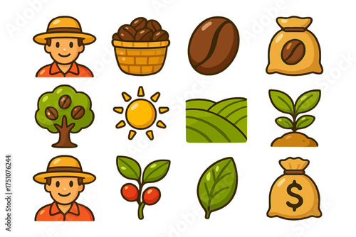 Cute cartoon icons of farming and coffee plants with smiling farmers