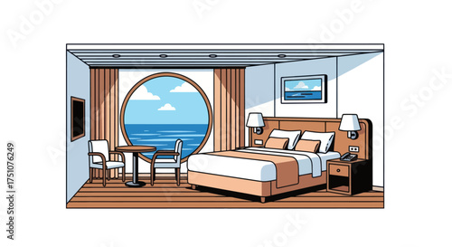 Illustrated cruise ship cabin interior with a large round porthole window showing a beautiful ocean view.