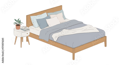 Cozy Bed with Pillows and Blanket Next to a Nightstand with Plant.