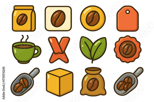 Colorful coffee icons collection with beans, cups, and labels