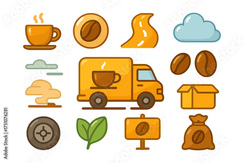 Coffee delivery icons with yellow truck and beans in flat style