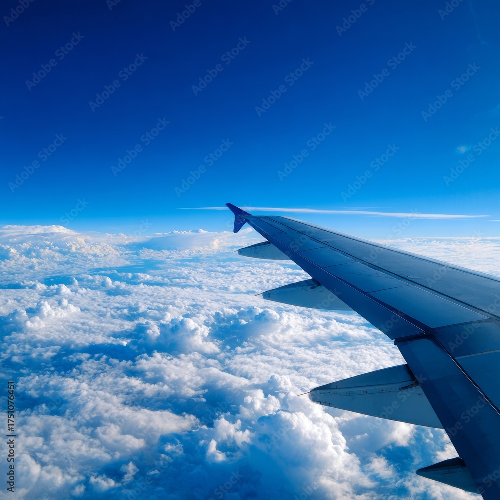 Fototapeta premium An aerial view of an airplane wing soaring above a fluffy, cloud-filled sky. The blue sky and fluffy clouds. Experience the wonder of flight from this unique perspective