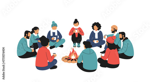 Diverse group of friends enjoying a cozy campfire gathering in winter.