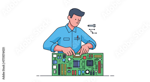 Illustrated male technician in a blue uniform repairing a green computer motherboard.