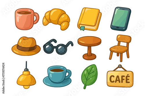 Charming cafe elements: cozy icons featuring coffee, croissant, and more
