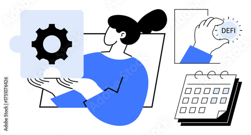 Woman holding puzzle piece with gear. Includes hand holding defi token, calendar planning. Ideal for teamwork, innovation, problem-solving, fintech, decentralized finance, planning process