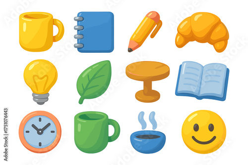 Colorful cartoon icons: coffee, croissant, notebook, and more essentials