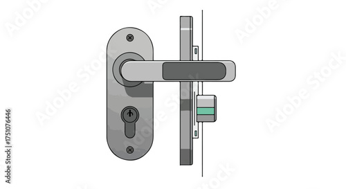 A detailed illustration depicting a modern door handle mechanism with locking elements and mounting components, showcased against a clean white