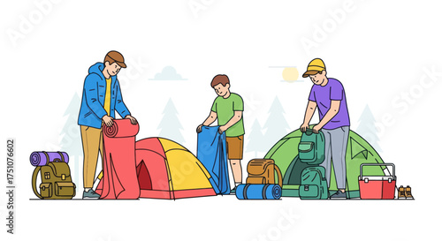 Men setting up camping tents and gear outdoor adventure illustration.