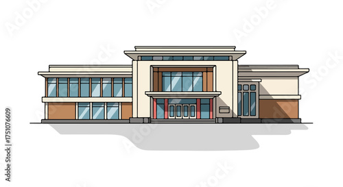 Contemporary civic center illustration, showcasing flat design and architectural rendering, perfect for city planning and community engagement