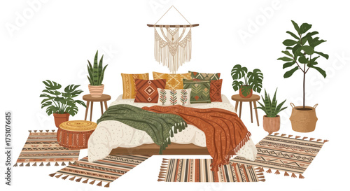 Cozy Bohemian Bedroom with Plants and Textiles.