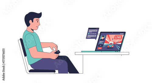 Young man playing video games on a laptop with a controller.