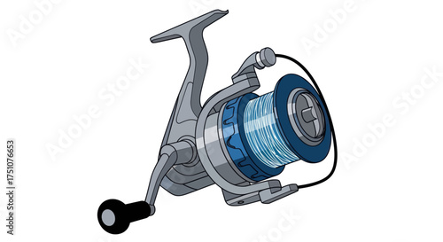 Illustrated silver spinning fishing reel with a vibrant blue spool and black crank handle.